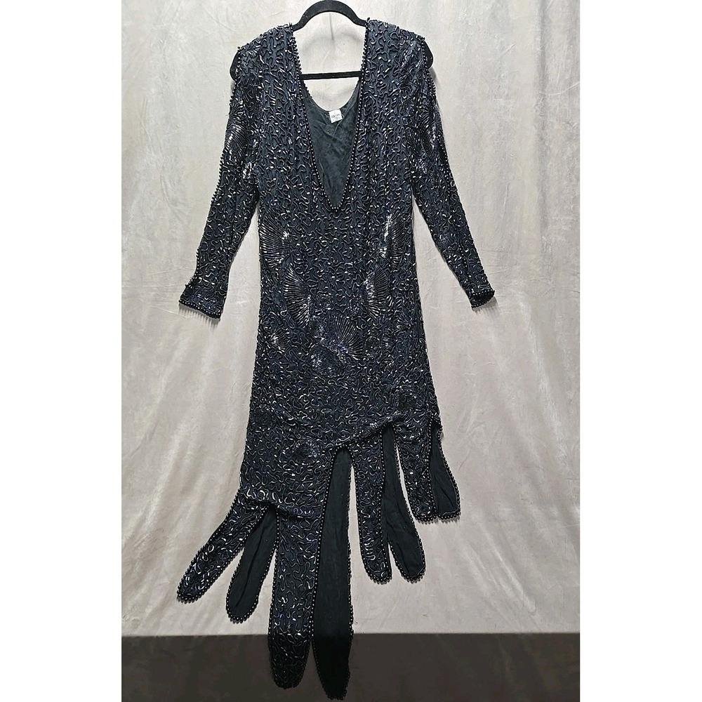 TAN CHHO Pure Silk Beaded VTG Black Dress‎ Large